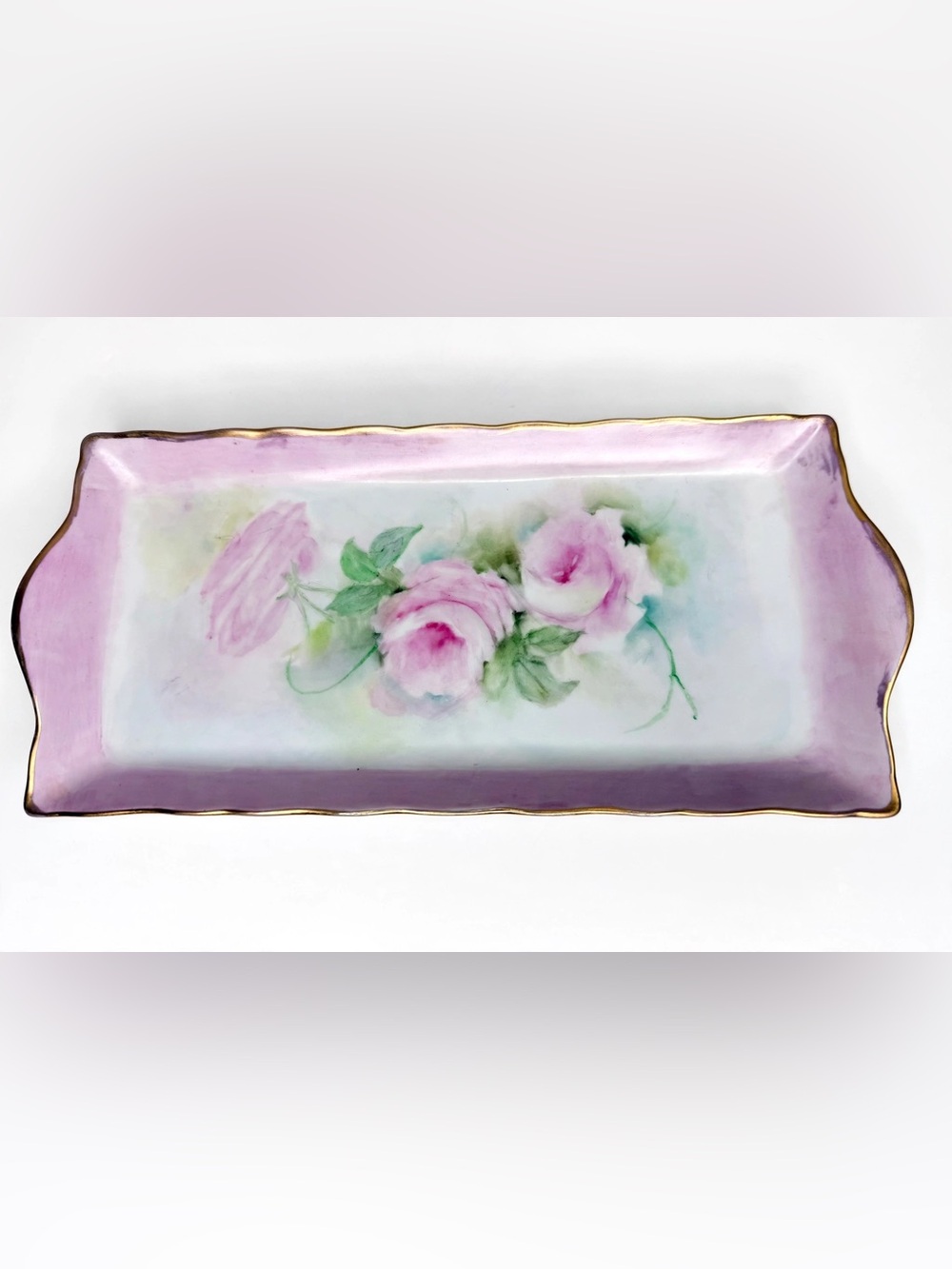 Pink Rose Porcelain Jewelry Tray with Gold Trim